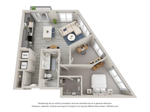 Floor plan for 1 bed, 1 bath, 907 sqft